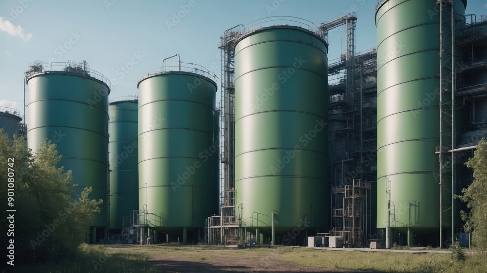 Towering green tanks stand amidst greenery, showcasing a blend of industrial structure and nature under clear blue skies Towering green tanks stand amidst greenery, showcasing a blend of industrial structure and nature under clear blue skies
