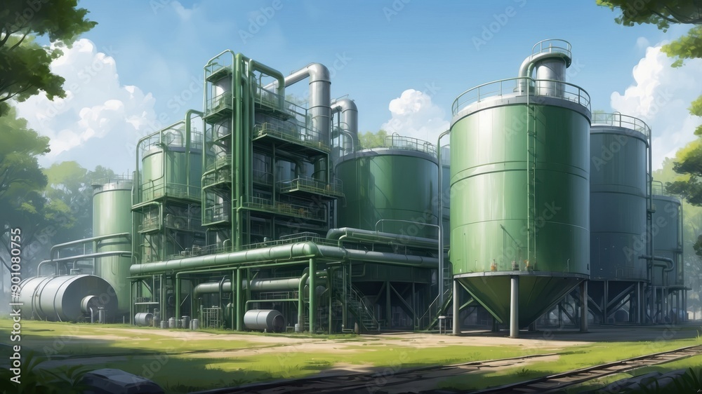 An expansive industrial complex features towering green silos and interconnected pipes, nestled peacefully amidst lush trees under a clear blue sky