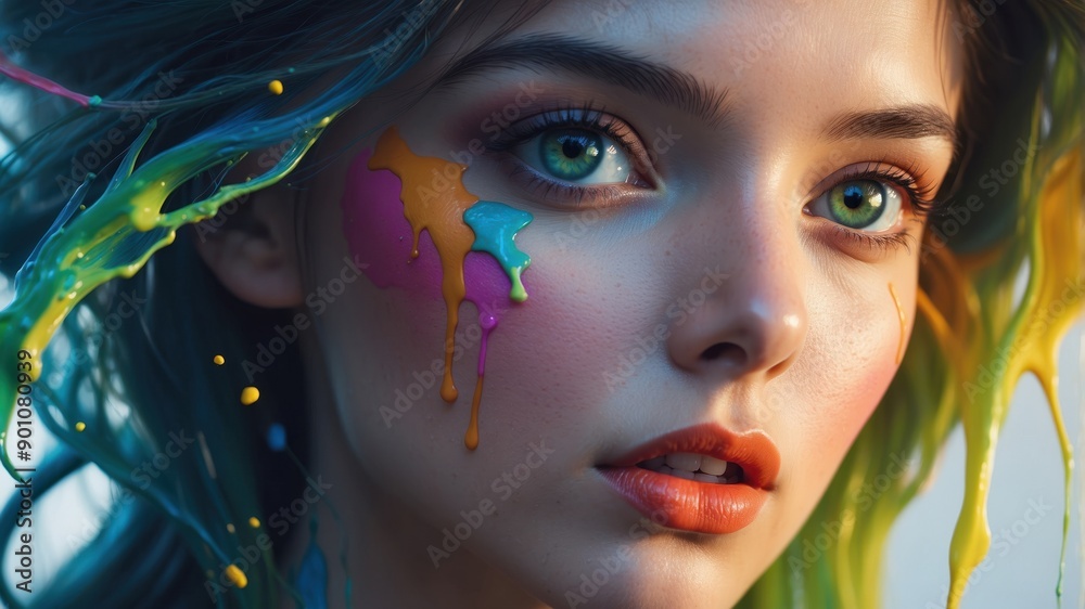 A young woman displays vibrant hair and artistic face paint with colorful drips, creating a stunning visual impact against a soft backdrop A young woman displays vibrant hair and artistic face paint with colorful drips, creating a stunning visual impact against a soft backdrop