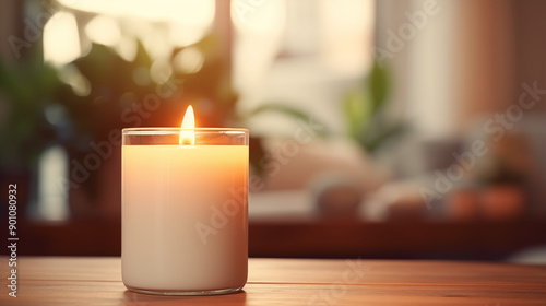 Close-up of a lit scented candle on a coffee table ambient home background with soft focus