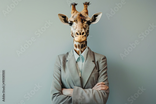 Woman with a giraffe head in office attire photo