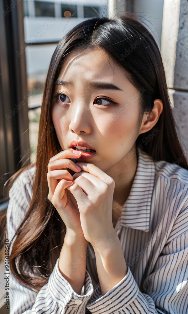 Beautiful young Asian woman glancing sideways with a worried expression, biting their lower lip, and fidgeting with their hands, showing nervousness Beautiful young Asian woman glancing sideways with a worried expression, biting their lower lip, and fidgeting with their hands, showing nervousness