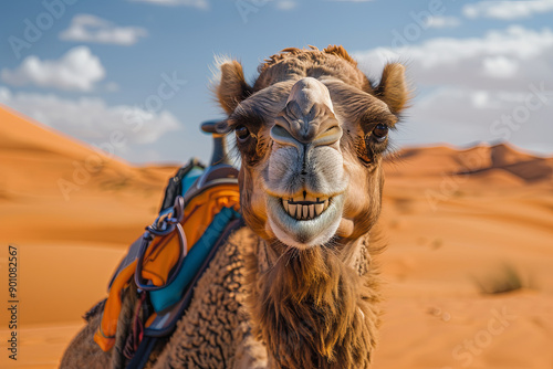 Smiling camel in the Sahara desert with a saddle on, showing teeth photo
