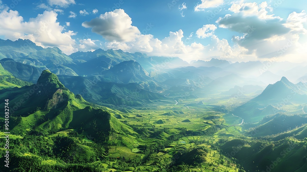 A panoramic view of a valley surrounded by mountains. A panoramic view of a valley surrounded by mountains.