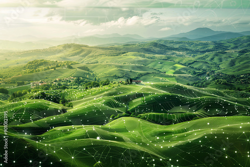Digital world concept with green pastures and rolling hills photo
