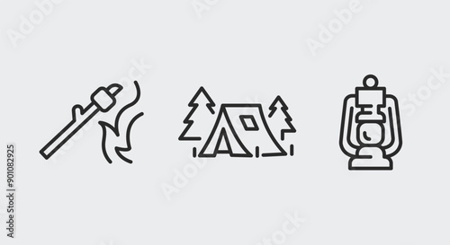 Camping, Tent, Lantern icons. Outdoor adventure icons set. Campfire, Tent, Lantern icons isolated on white background. Vector illustration.