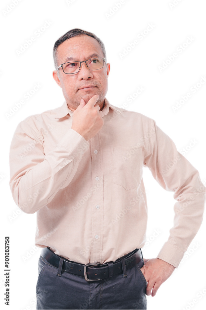 Asia man in a white shirt and black belt is looking to the left. He is wearing glasses and he is deep in thought Asia man in a white shirt and black belt is looking to the left. He is wearing glasses and he is deep in thought