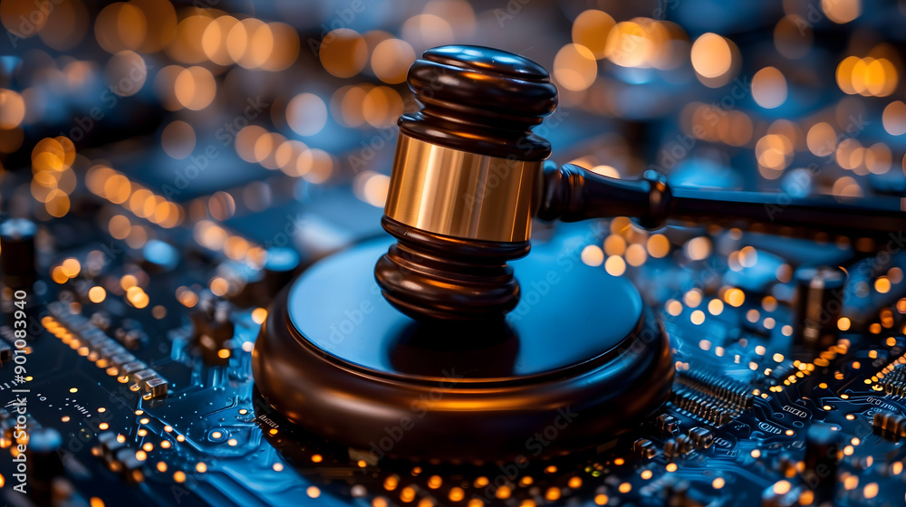 A gavel placed on a circuit board, representing the intersection of technology and the legal system in digital law. A gavel placed on a circuit board, representing the intersection of technology and the legal system in digital law.