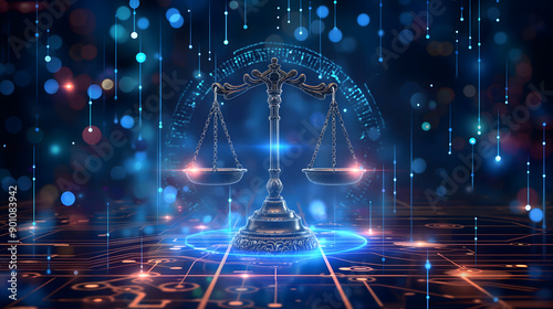 Digital scales of justice depicted on a cyber network background with glowing blue and orange lights symbolizing AI law.