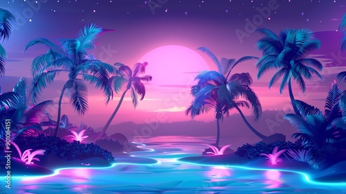 A retro-futuristic tropical island scene with neon lighting and a large pink moon in the night sky.