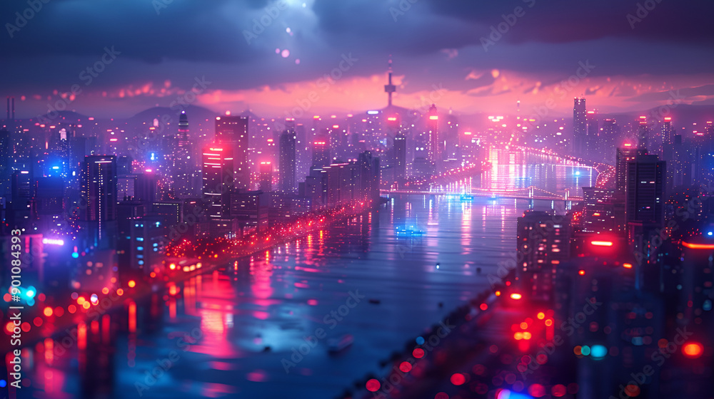 A city skyline at night with colorful lights reflecting on the water, showcasing traffic on the river. A city skyline at night with colorful lights reflecting on the water, showcasing traffic on the river.