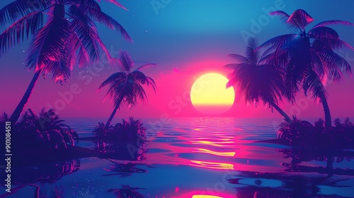 A retro-style digital art image of a sunset over a tropical beach.
