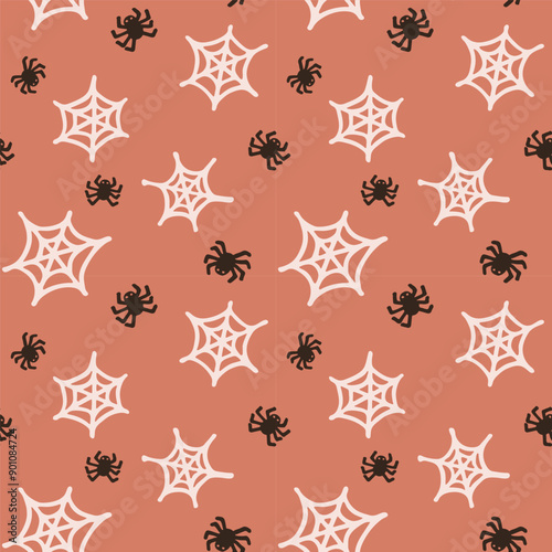 Vector seamless pattern with cute spiders and cobweb. For Halloween wallpapers, prints, gift wrap paper. 