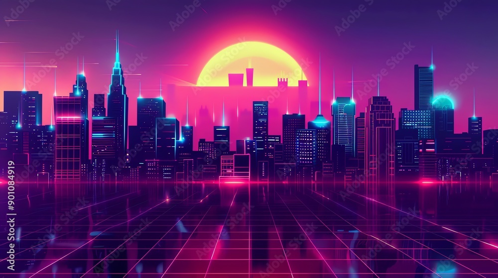 A retrofuturistic city skyline with a glowing neon sunset and a road in the foreground. A retrofuturistic city skyline with a glowing neon sunset and a road in the foreground.