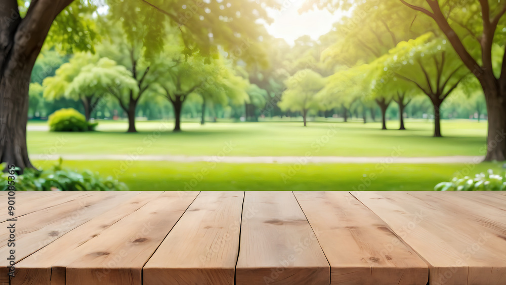Empty wooden table with green park nature background