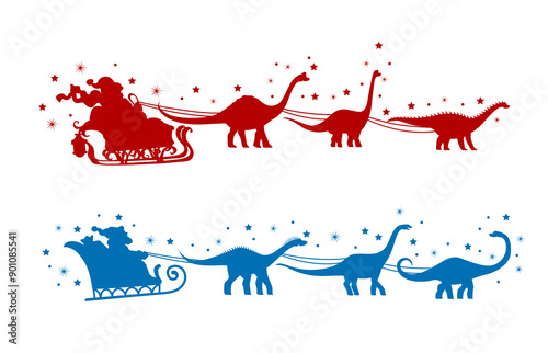 Santa sleigh with dinosaurs vector silhouettes set, Xmas winter holiday characters. Santa Claus delivering Christmas gifts on snow sleigh with jurassic dino animals, Xmas bells, snowflakes and stars photo