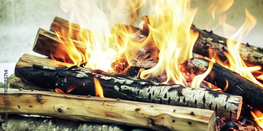 Flames licking at wooden logs as they burn, releasing warm glow Generative AI, BBQ, wood fire, closeup Flames licking at wooden logs as they burn, releasing warm glow Generative AI, BBQ, wood fire, closeup