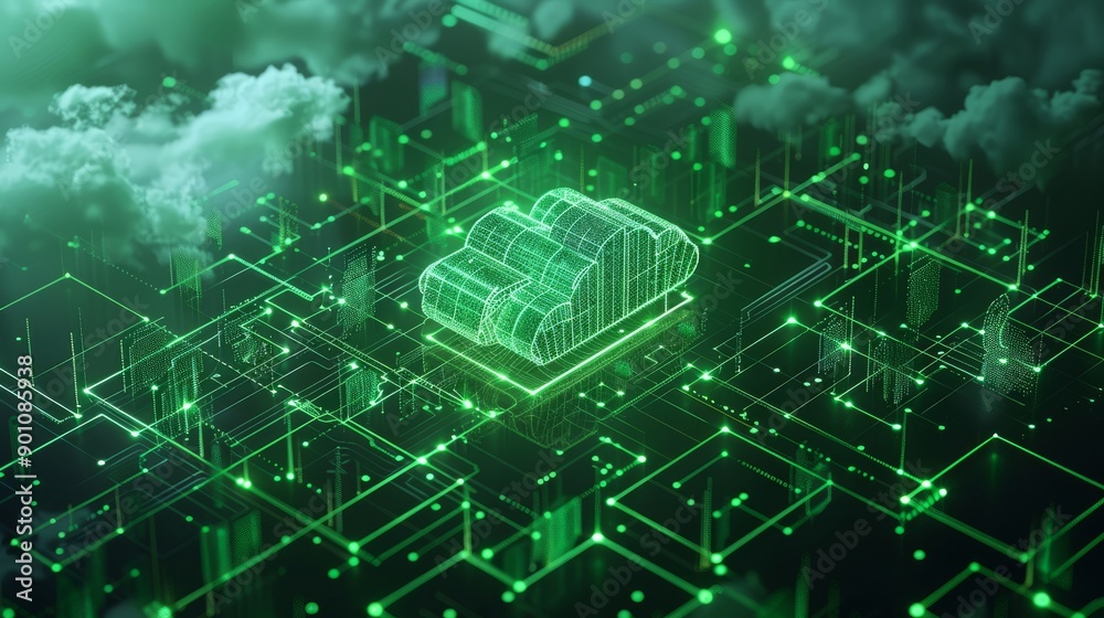 Ultra-Realistic Cloud Computing Stand with Futuristic Green Glowing Lines and Blockchain Technology, Illustrating the Interconnected World of Digital Currencies and Modern Technology Ultra-Realistic Cloud Computing Stand with Futuristic Green Glowing Lines and Blockchain Technology, Illustrating the Interconnected World of Digital Currencies and Modern Technology