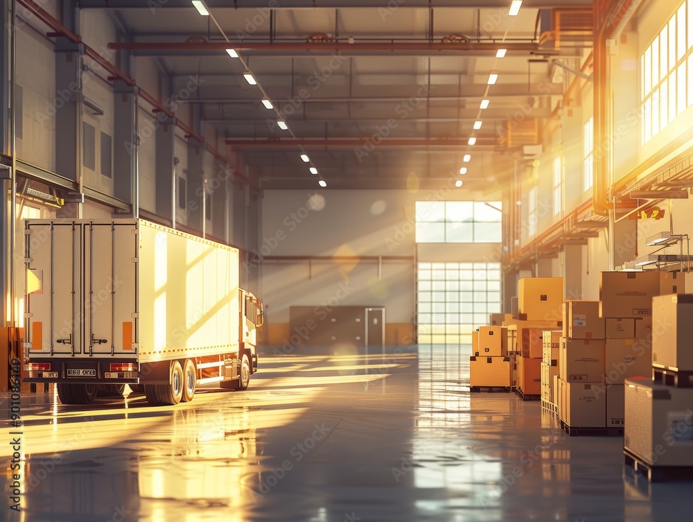 A large, clean warehouse with truck filled with numerous boxes and items, dedicated to logistics and e-commerce, bathed in the warm afternoon light - ai A large, clean warehouse with truck filled with numerous boxes and items, dedicated to logistics and e-commerce, bathed in the warm afternoon light - ai