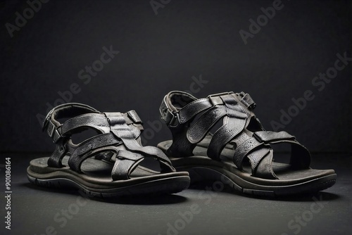 Sport Sandals: Black sport sandals on a dark, textured rubber background. photo