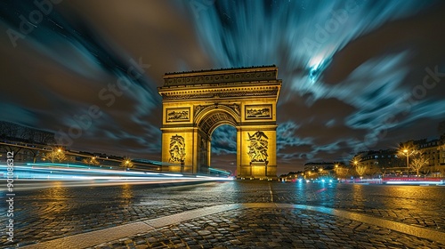 Arc de Triomphe Illuminated at Night in Paris, France photo