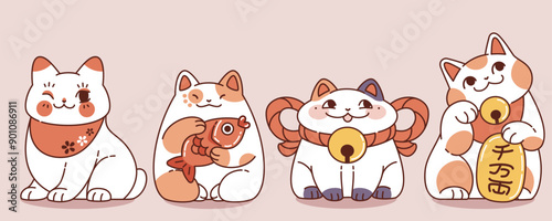 Japanese lucky maneki neko cat in different poses and face emotions. Traditional oriental fortune figurine winking and holding fish in paws, with golden ingot and medallion on neck. Cartoon vector set
