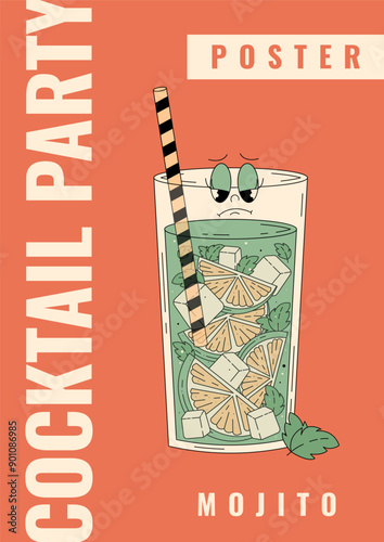 Groovy character mojito. Retro summer party poster with popular alcoholic beverage. Cafe bar or cocktail lounge flyer. Vector illustration 70s, 80s style