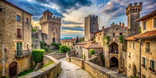 Winding medieval streets and towers amidst ancient walls and battlements AI Generative, brick