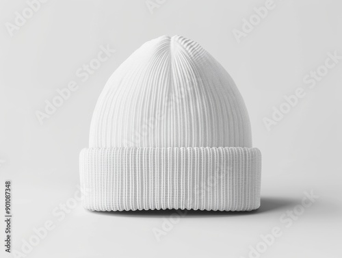 A blank white beanie hat is showcased against a pristine white background for design mockup purposes.