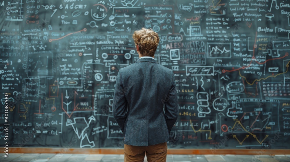 A daunting task, finding a solution a concept. A young businessman stands in front of a dark wall scribbled with complex calculations. A daunting task, finding a solution a concept. A young businessman stands in front of a dark wall scribbled with complex calculations.