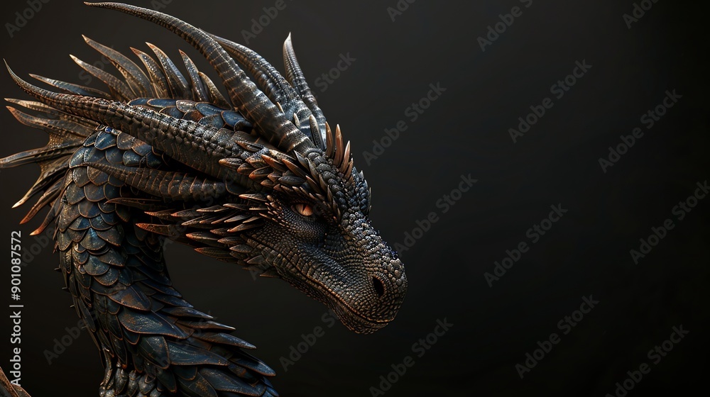 A 3D rendered image of a dragon's head with orange eyes and black and brown scales, against a dark background. A 3D rendered image of a dragon's head with orange eyes and black and brown scales, against a dark background.