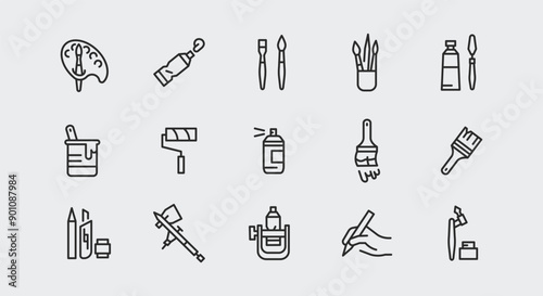 Art and painting icons. Large set of art and painting trendy minimal icons. Palette, Paintbrush, Easel, Spray Can icon. Design signs for web page, mobile app, packaging design. Vector illustration.