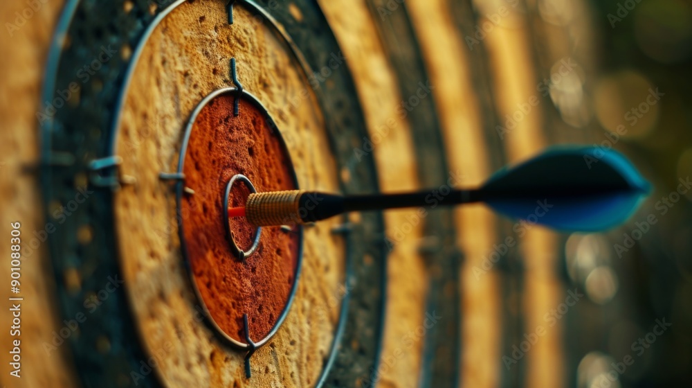 A dart successfully hits the bullseye on a dartboard, symbolizing precision and goal attainment in a competitive business environment. A dart successfully hits the bullseye on a dartboard, symbolizing precision and goal attainment in a competitive business environment.