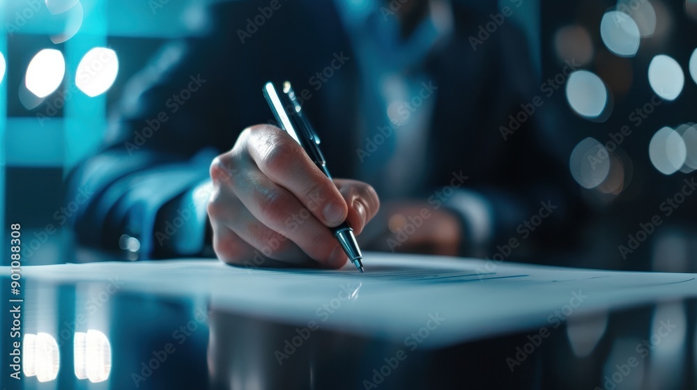 Naklejka premium Close-up of a professional hand writing with a pen on paper, business environment, signing documents, corporate setting with blurred background.