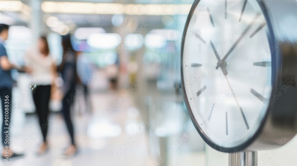 Fototapeta premium A clock displays the time with motion-blurred individuals bustling in the office background, suggesting a hectic workday atmosphere.