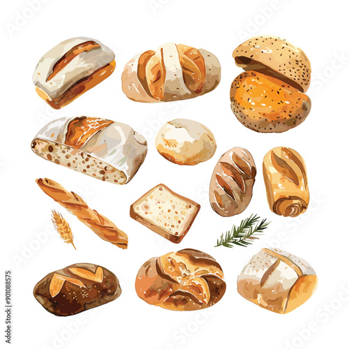 Collection of different types of bread isolated on white background.