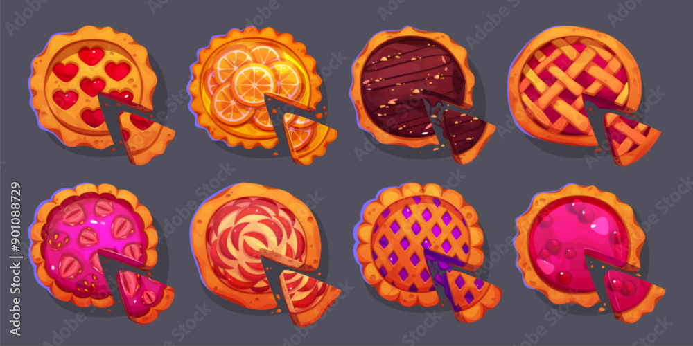 Cut round tart with triangle piece and crumbles. Cartoon vector illustration set of top view on fresh sweet delicious baked pie with fruit, berry and chocolate filling, dough crust and lattice. Cut round tart with triangle piece and crumbles. Cartoon vector illustration set of top view on fresh sweet delicious baked pie with fruit, berry and chocolate filling, dough crust and lattice.