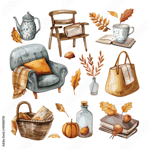 Watercolor illustration of cozy autumn elements.