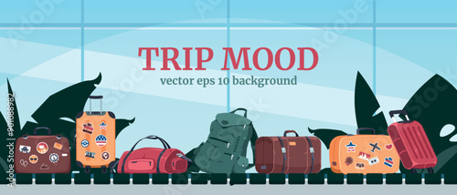 Trip mood. Holiday vacation tour. Airport departure terminal. Baggage conveyor. Passengers travel. Luggage belt. Traveler suitcases and backpacks. Journey bags. Vector airline background