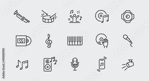 Music and musical instruments icons. Large set of music and musical instruments trendy minimal icons. Trumpet, drum icon. Design signs for web page, mobile app, packaging design. Vector illustration