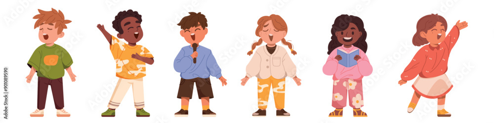 Singing kids. Music school. Happy children sing songs. Cute little church choir. Standing boy or girl with microphones. Vocal education. Musical performance. Vector cartoon characters set Singing kids. Music school. Happy children sing songs. Cute little church choir. Standing boy or girl with microphones. Vocal education. Musical performance. Vector cartoon characters set