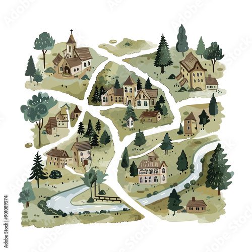 Watercolor illustration of a charming village with houses, trees, and a river.