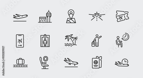 Air travel and airport icons. Large set of air travel and airport trendy minimal icons. Airplane, Map Pin, Luggage icon. Design signs for web page, mobile app, packaging design. Vector illustration