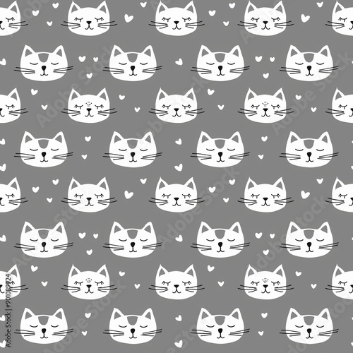 A seamless pattern with charming white kitties, their muzzles smiling, and their eyes closed, hearts scattered on a gray background. The design uses soft gray and playful white tones