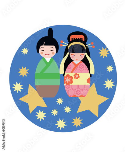 Vector illustration card for chinese valentine Qixi festival with couple of cute kokeshi characters.