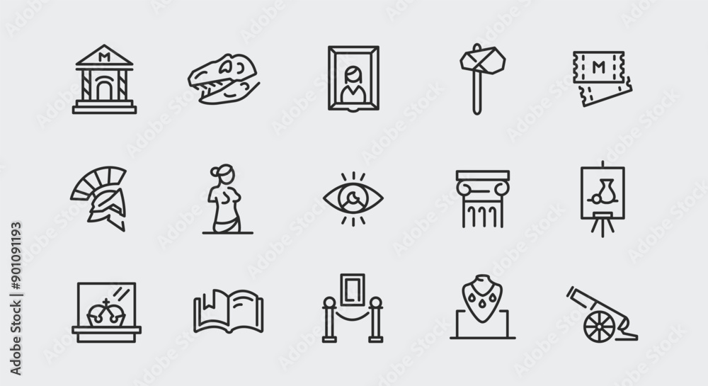 Fototapeta premium Museum and exhibit icons. Large set of museum and exhibit trendy minimal icons. Dinosaur Skeleton, Exhibit, Ticket icon. Design signs for web page, mobile app, packaging design. Vector illustration