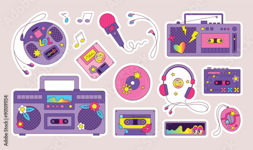 Retro music. Y2K cassette stickers. 90s or 80s tape boombox. Pop disco. Dance party. Musical notes and stereo vaporwave. Audio DJ disc. Girls microphone. Player headset. Vector icons set