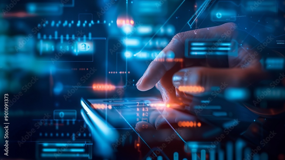 Hand using mobile device with futuristic digital interface, technology concept showing data exchange, coding, and networking. Hand using mobile device with futuristic digital interface, technology concept showing data exchange, coding, and networking.