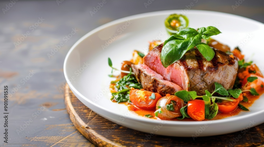 Grilled Beef Steak with Vegetables and Basil Garnish on Plate. Grilled Beef Steak with Vegetables and Basil Garnish on Plate.