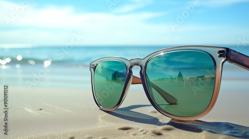 Close-up of stylish summer sunglasses reflecting a beach scene photo